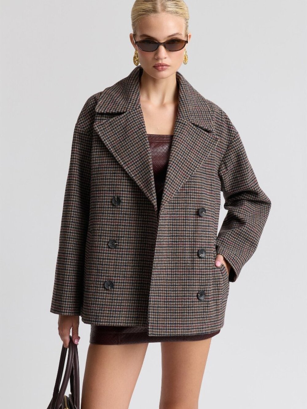 NWT Avec Les Filles Brown and Black Houndstooth Pea Coat